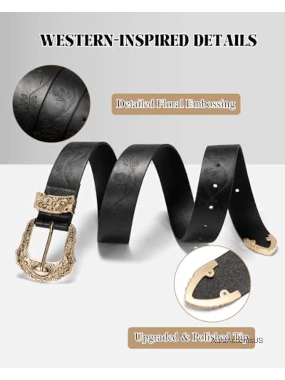 Western Cowgirl Belt for Women, PU Leather, Floral Embossed, Adjustable